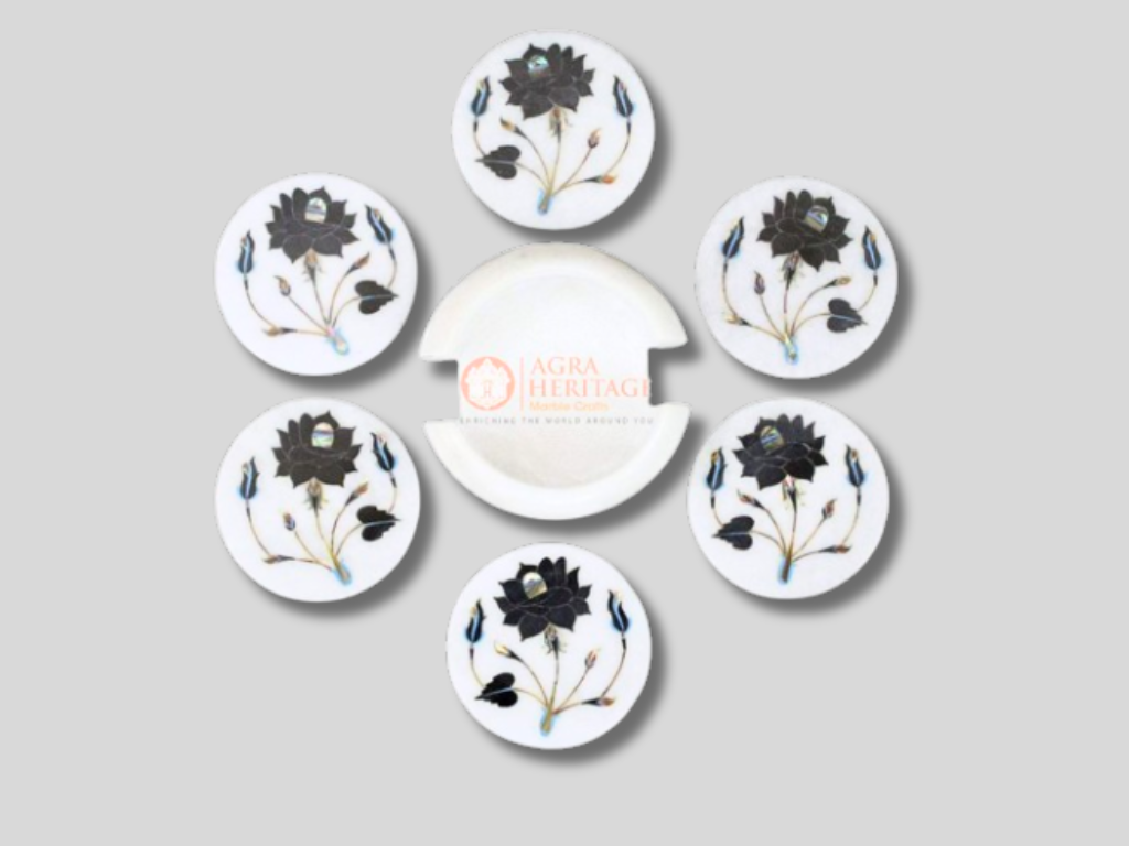 White Marble Coaster Set Pietra Dura Floral Inlaid Art